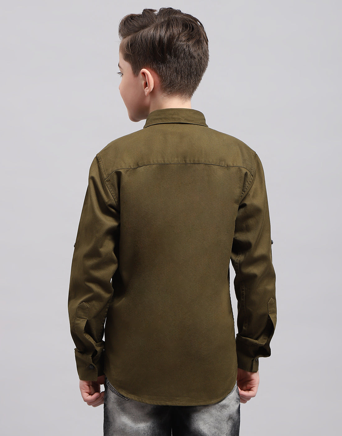 Boys Olive Solid Collar Full Sleeve Shirt