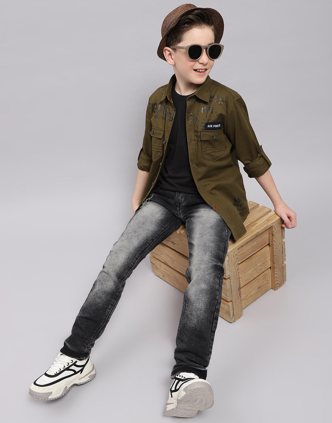 Boys Olive Solid Collar Full Sleeve Shirt
