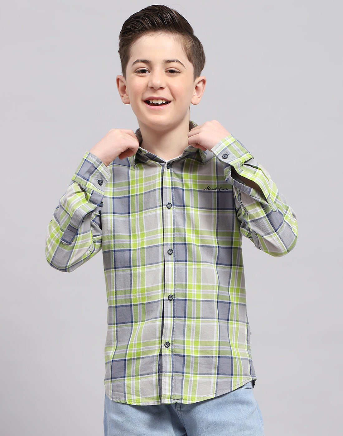 Boys Grey Check Collar Full Sleeve Shirt