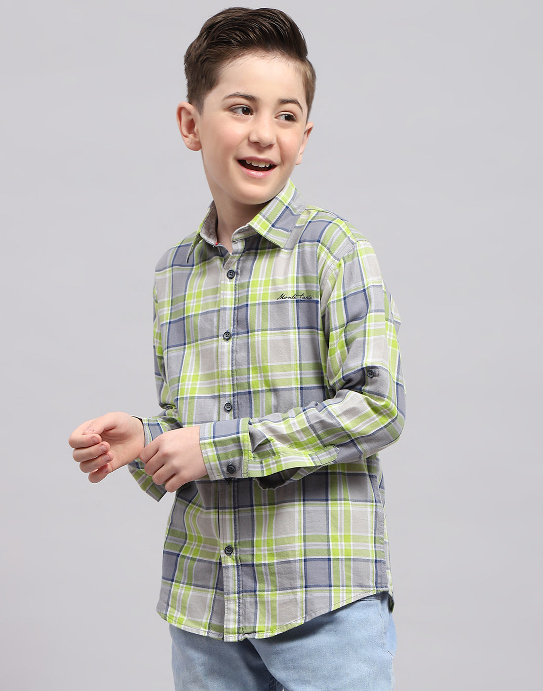 Boys Grey Check Collar Full Sleeve Shirt