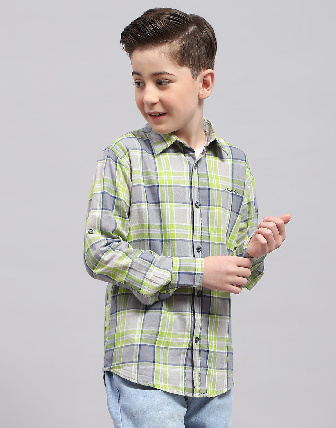 Boys Grey Check Collar Full Sleeve Shirt