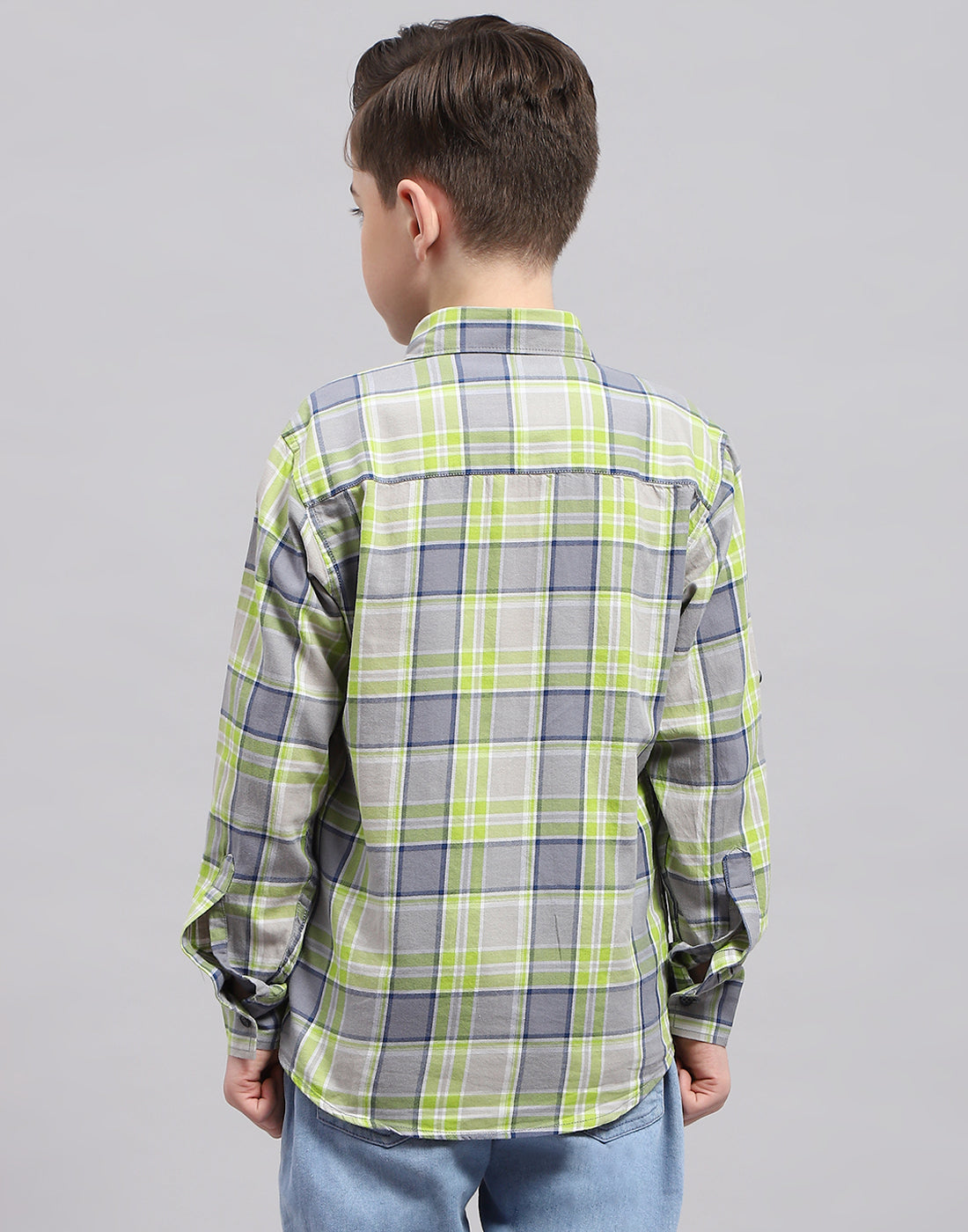 Boys Grey Check Collar Full Sleeve Shirt