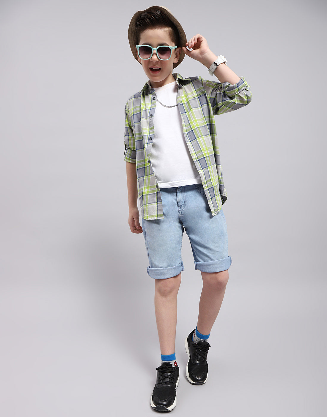 Boys Grey Check Collar Full Sleeve Shirt