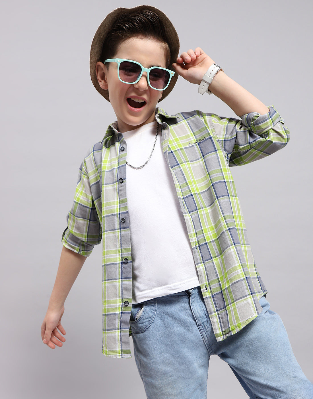 Boys Grey Check Collar Full Sleeve Shirt