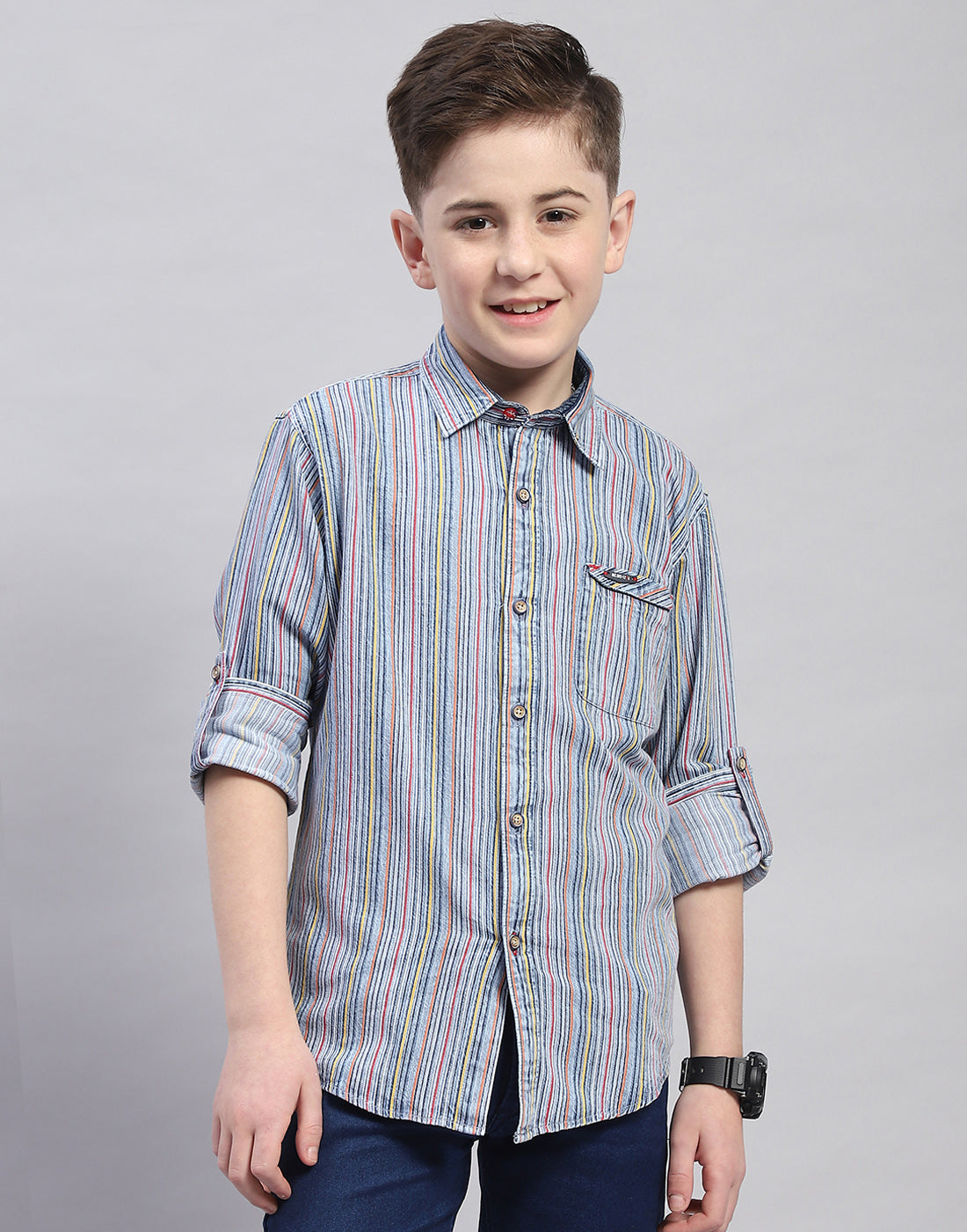 Boys Blue Stripe Spread Collar Full Sleeve Shirt