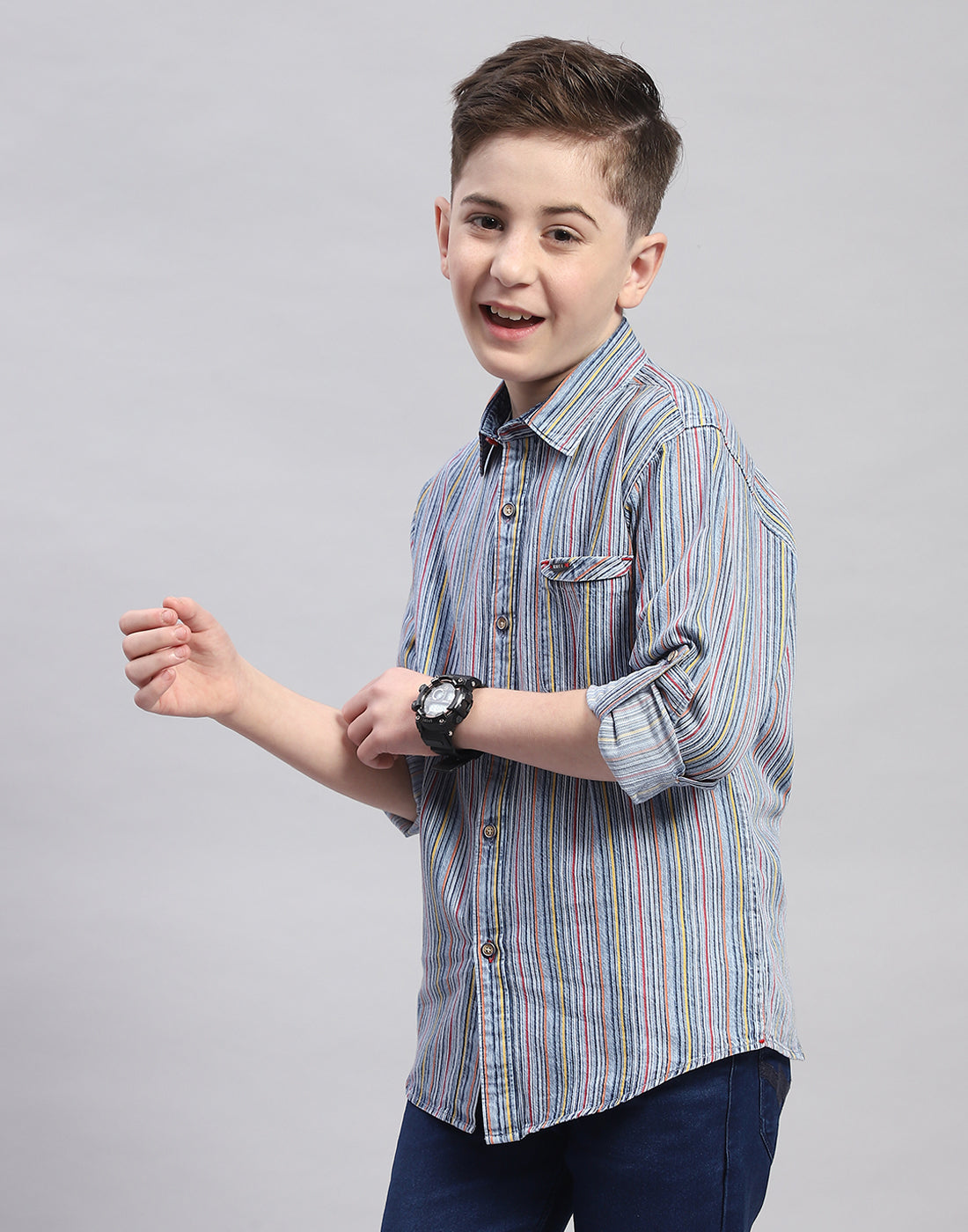 Boys Blue Stripe Spread Collar Full Sleeve Shirt