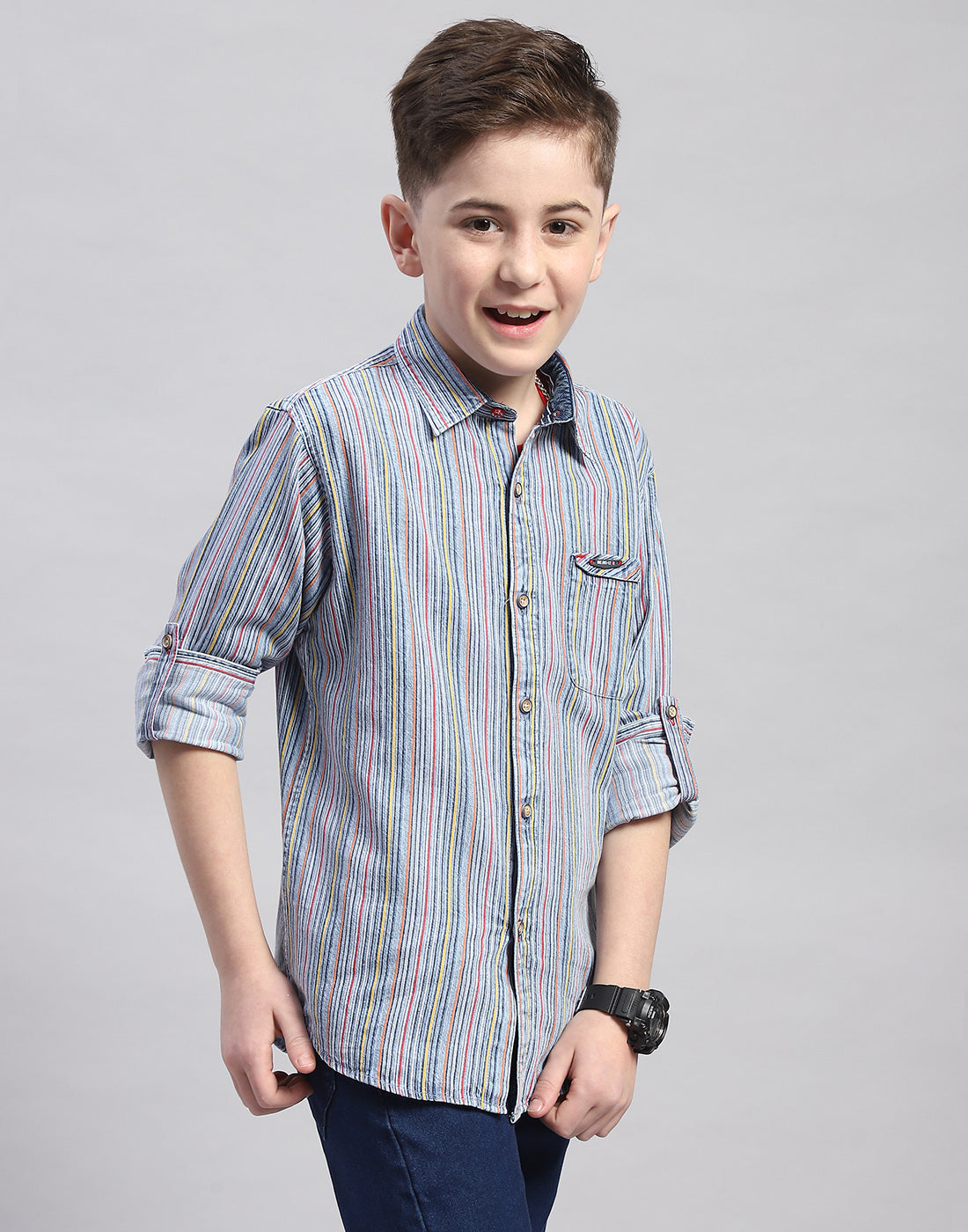 Boys Blue Stripe Spread Collar Full Sleeve Shirt