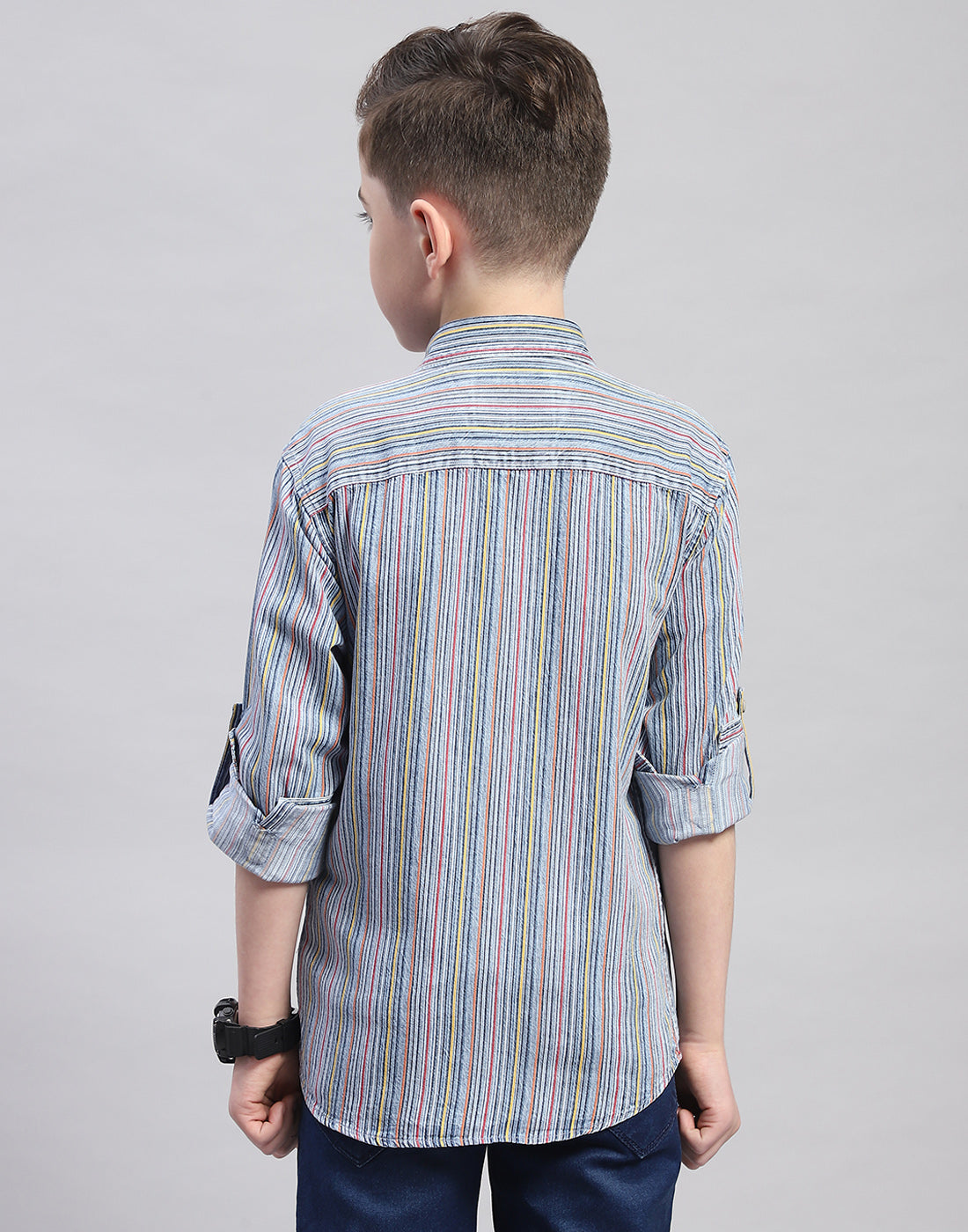 Boys Blue Stripe Spread Collar Full Sleeve Shirt