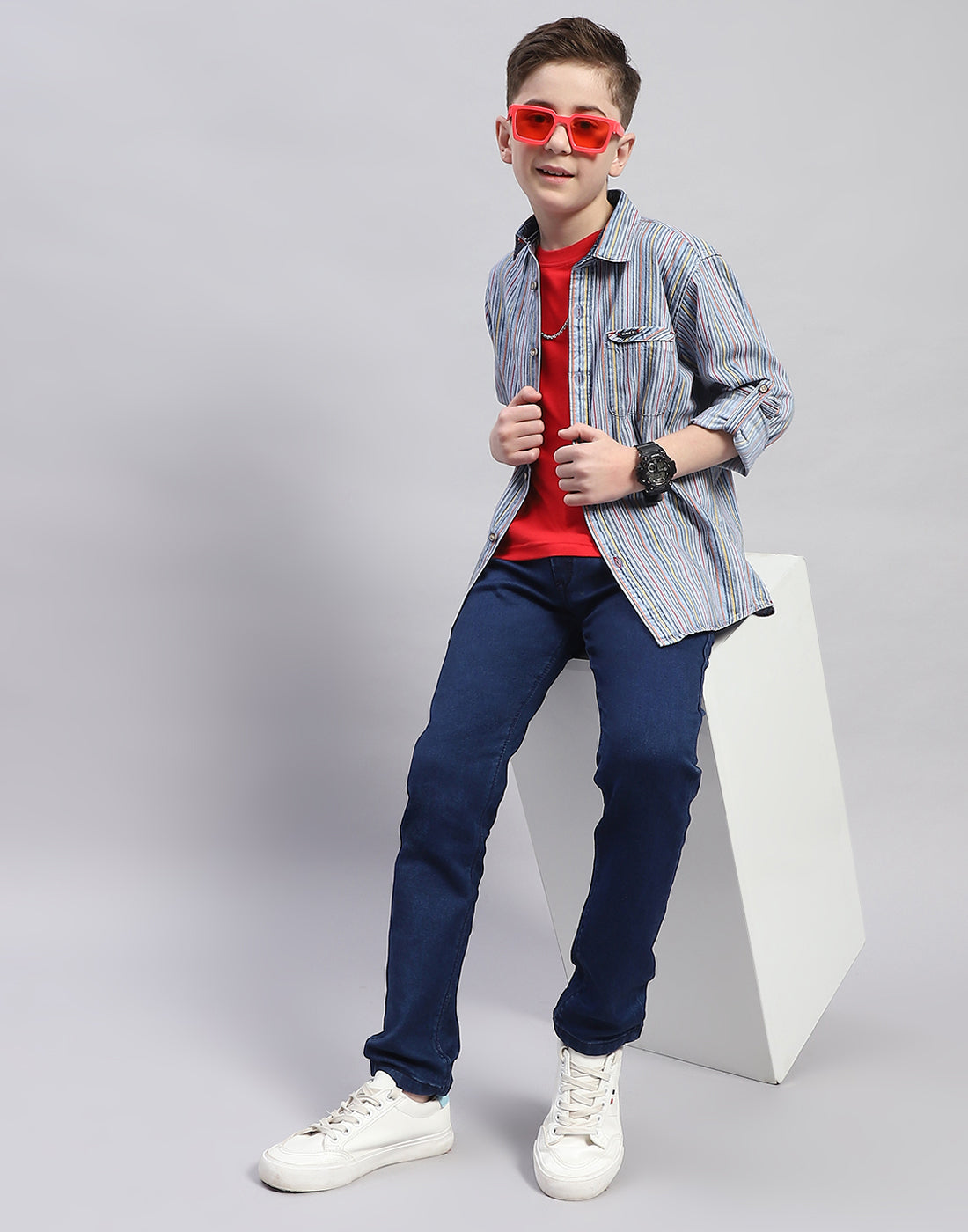 Boys Blue Stripe Spread Collar Full Sleeve Shirt