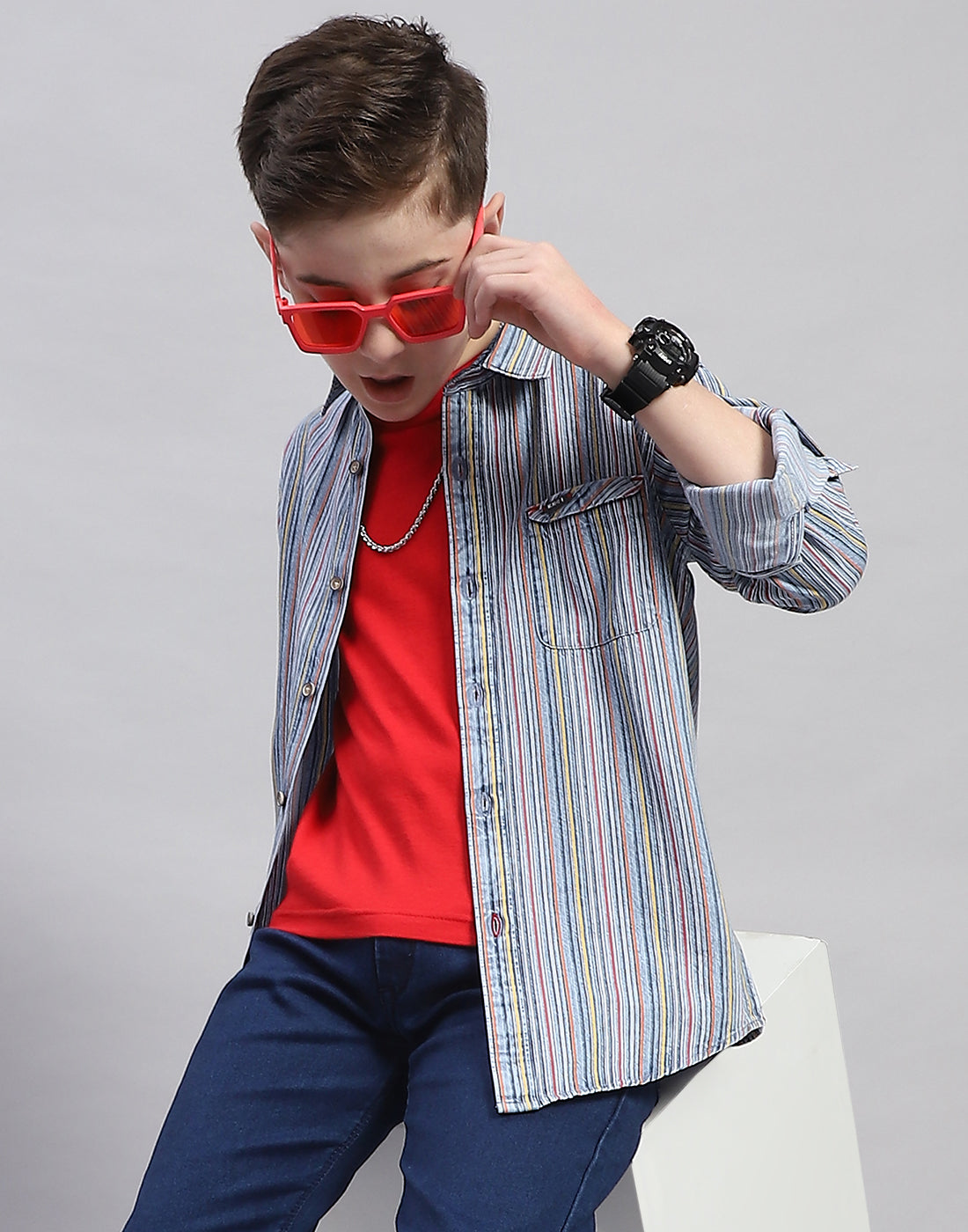 Boys Blue Stripe Spread Collar Full Sleeve Shirt