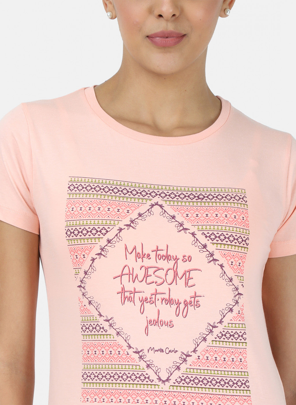 Womens Peach & Off White Printed Top 2Pc Set