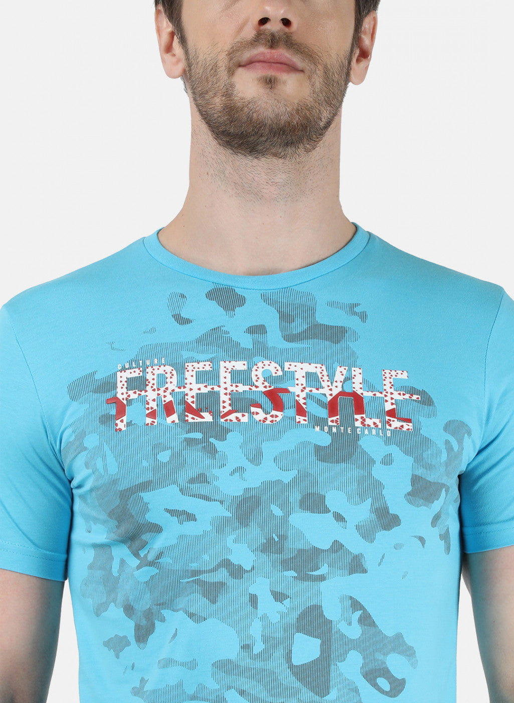 Mens Blue & Off White Printed T-Shirt