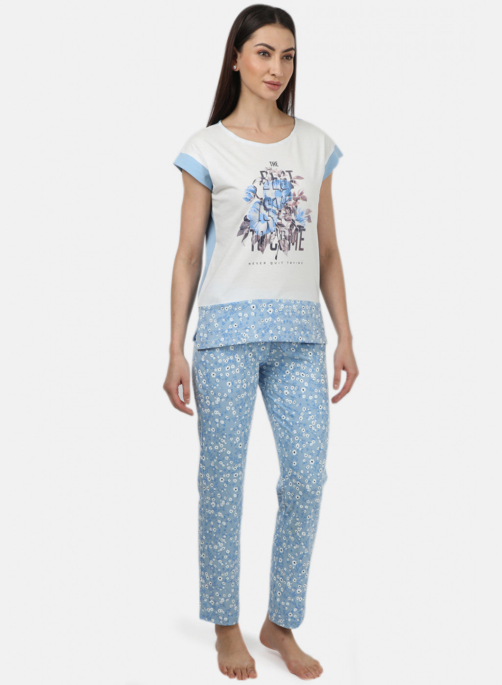 Womens Off White & Blue Printed Lower Sets