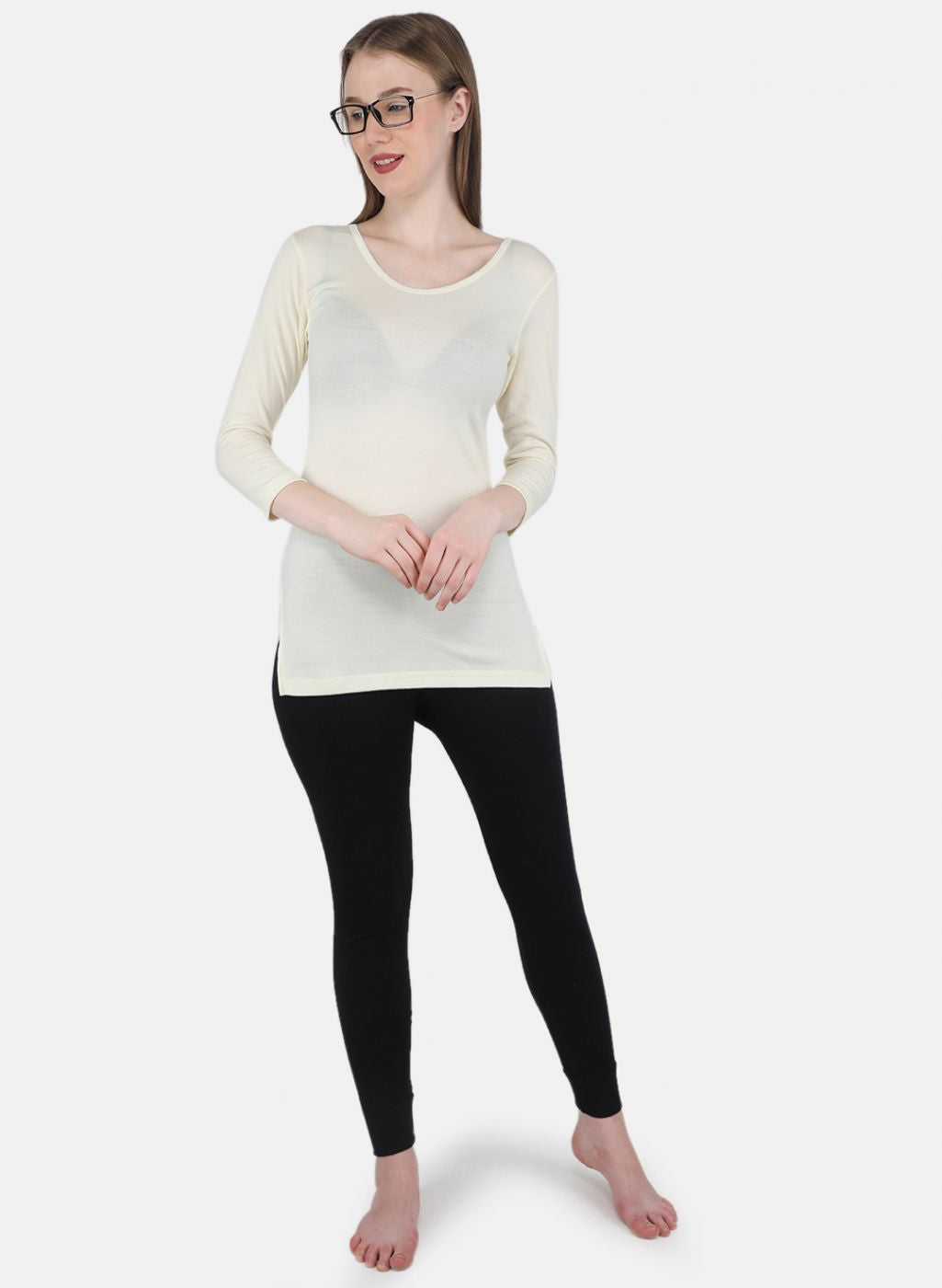 Women Cream Solid Thermal Vest