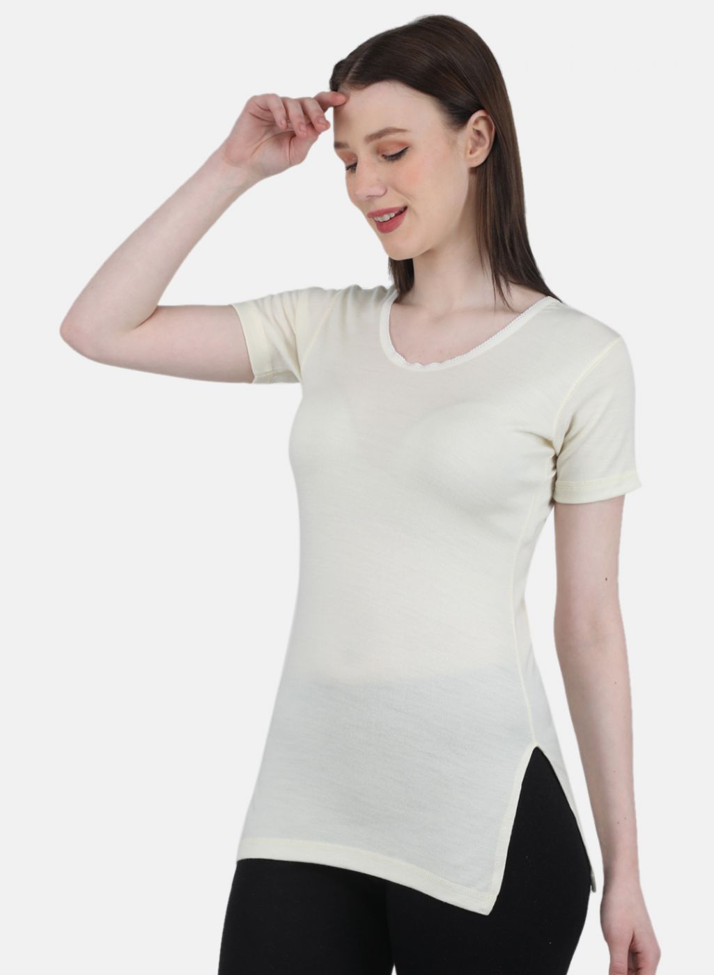Women Cream Solid Thermal Vest