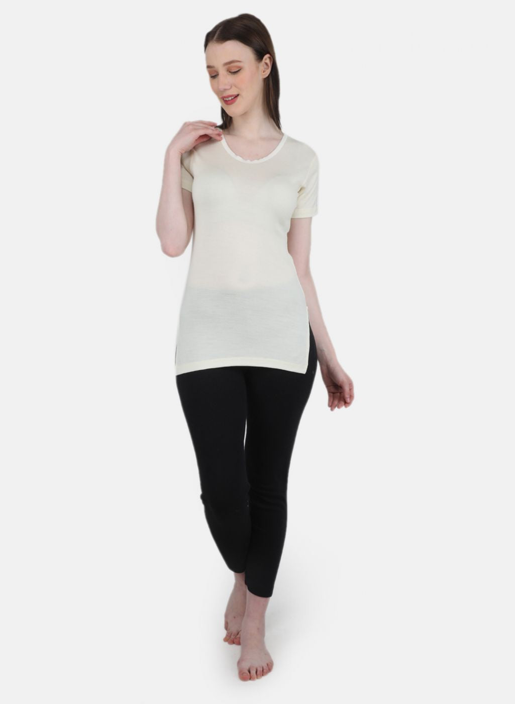 Women Cream Solid Thermal Vest
