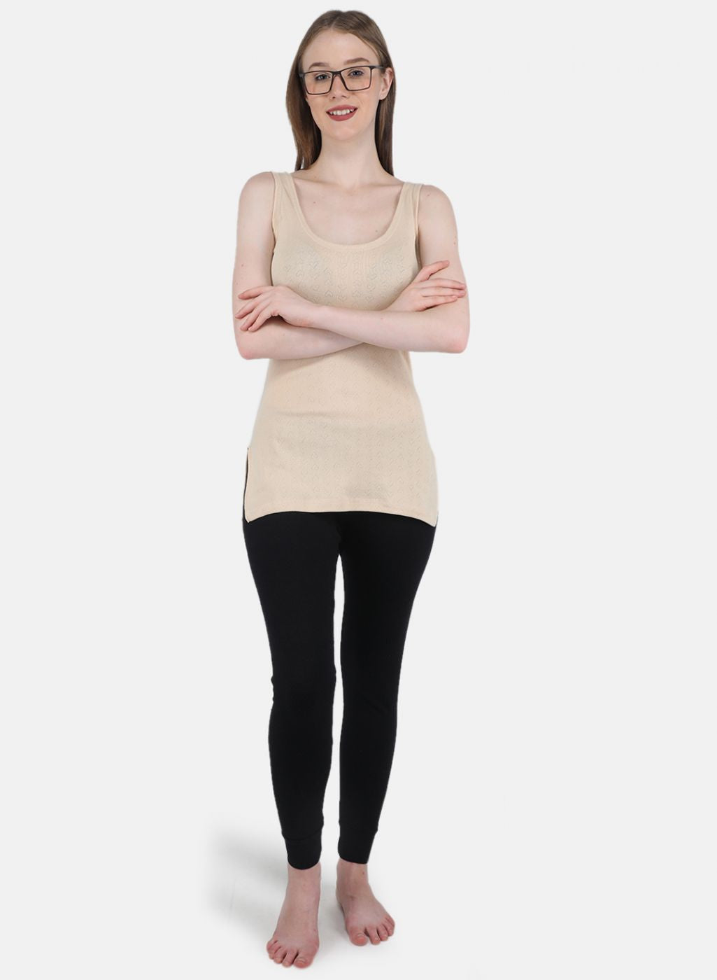 Women Beige Solid Thermal Vest