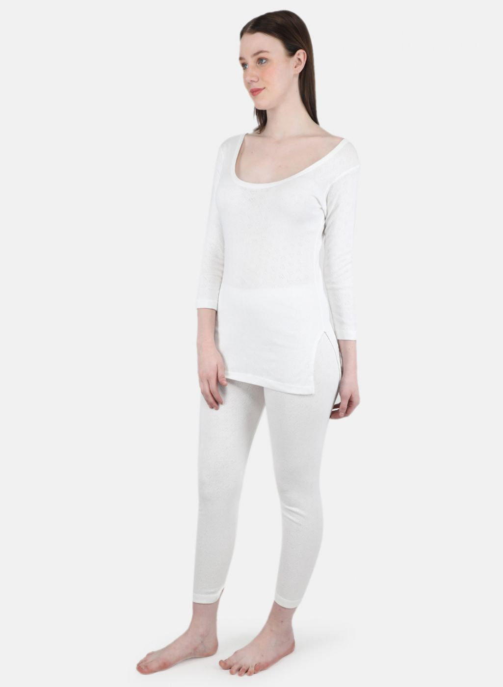 Women Off White Solid Thermal Lower