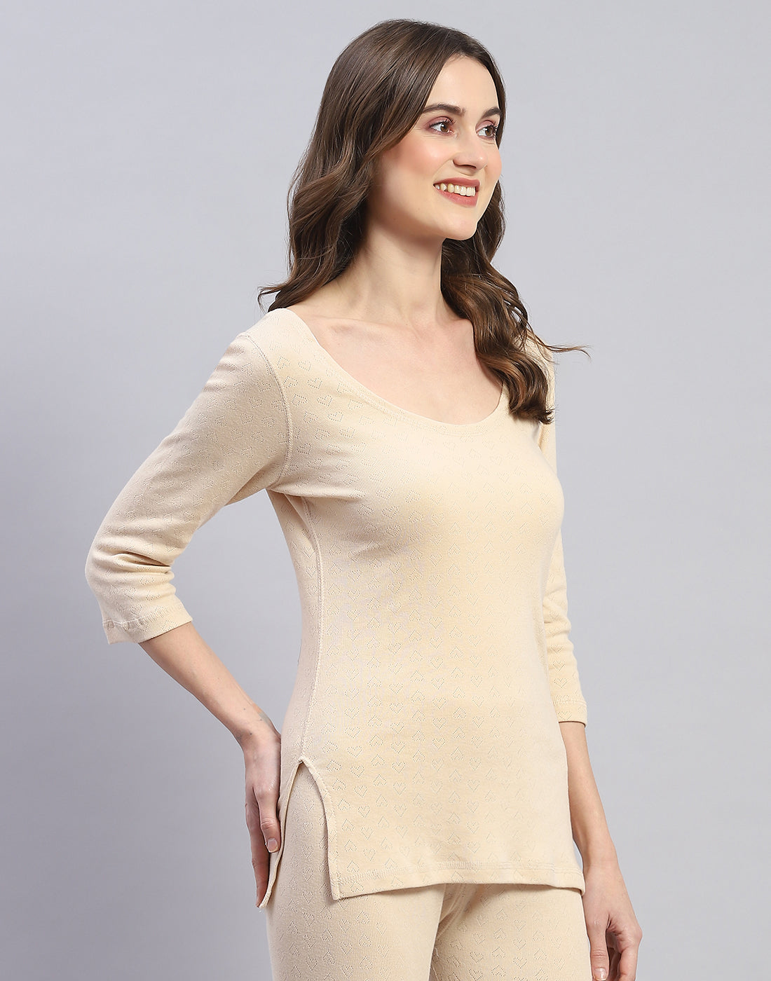 Women Beige Solid Round Neck 3/4 Sleeve Thermal Vest