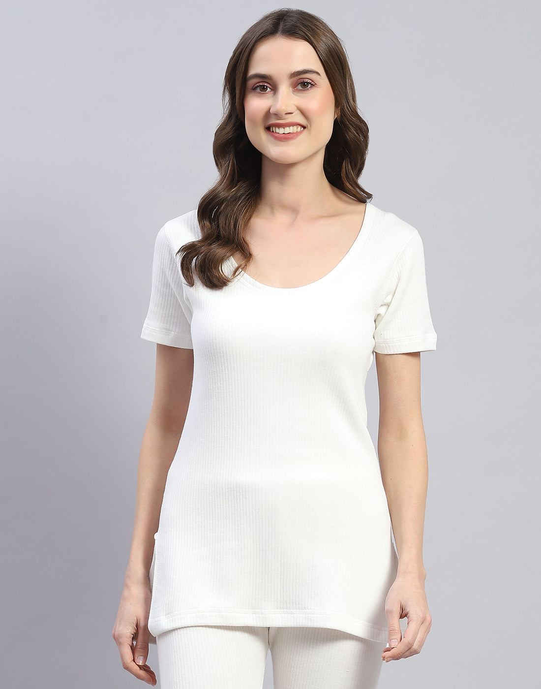 Women Off White Solid Round Neck Half Sleeve Thermal Vest