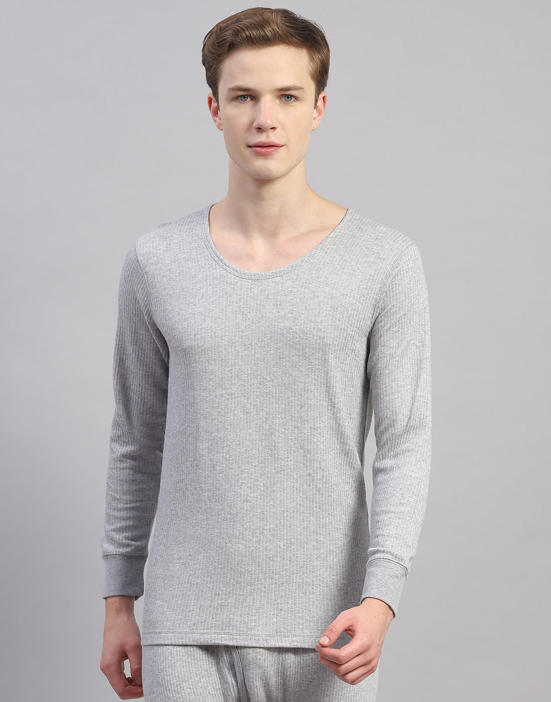 Men Grey Solid Round Neck Full Sleeve Thermal Vest