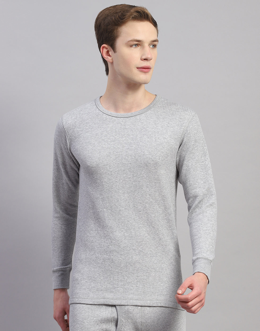 Men Grey Solid Round Neck Full Sleeve Thermal Vest