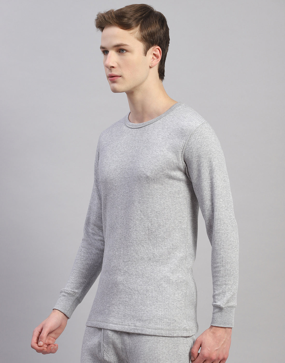 Men Grey Solid Round Neck Full Sleeve Thermal Vest