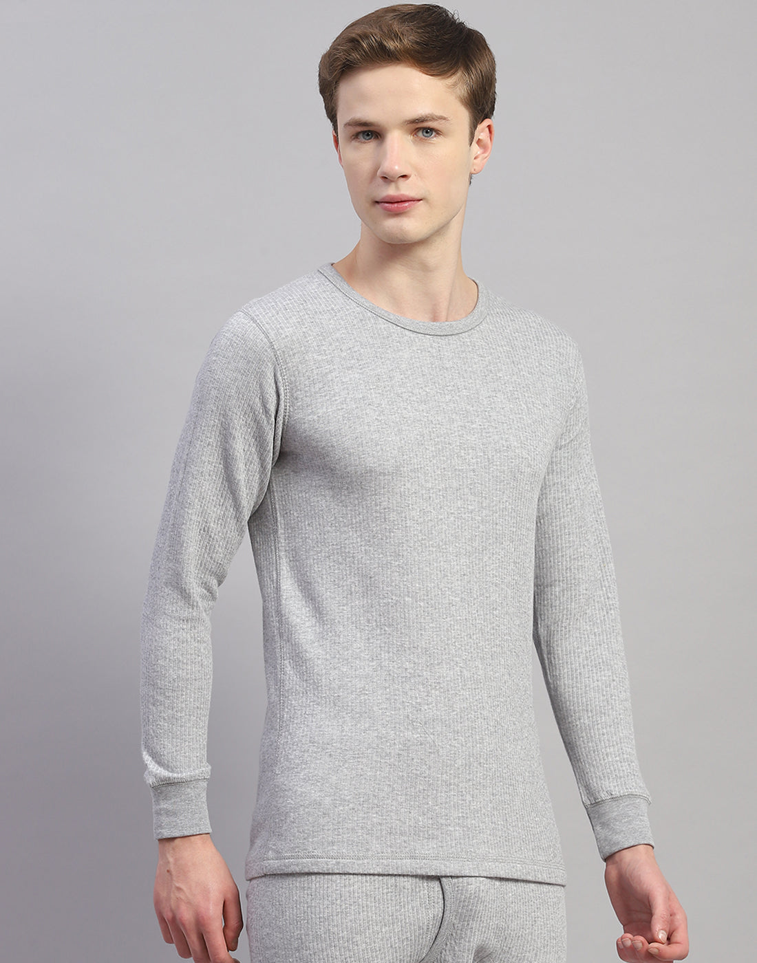 Men Grey Solid Round Neck Full Sleeve Thermal Vest