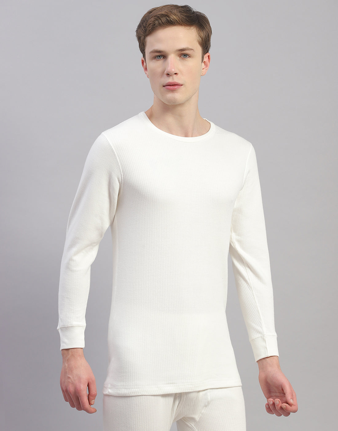 Men Off White Solid Round Neck Full Sleeve Thermal Vest