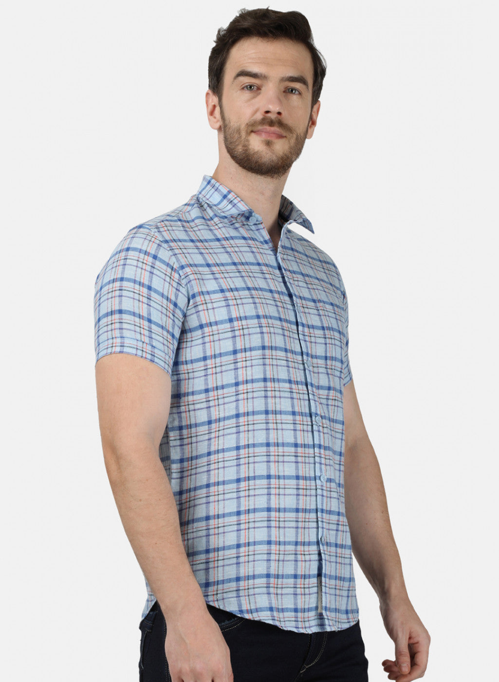 Mens Sky Blue Check Linen Shirt