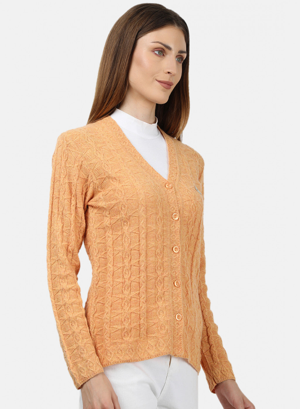 Women Light Orange Self Design Cardigan