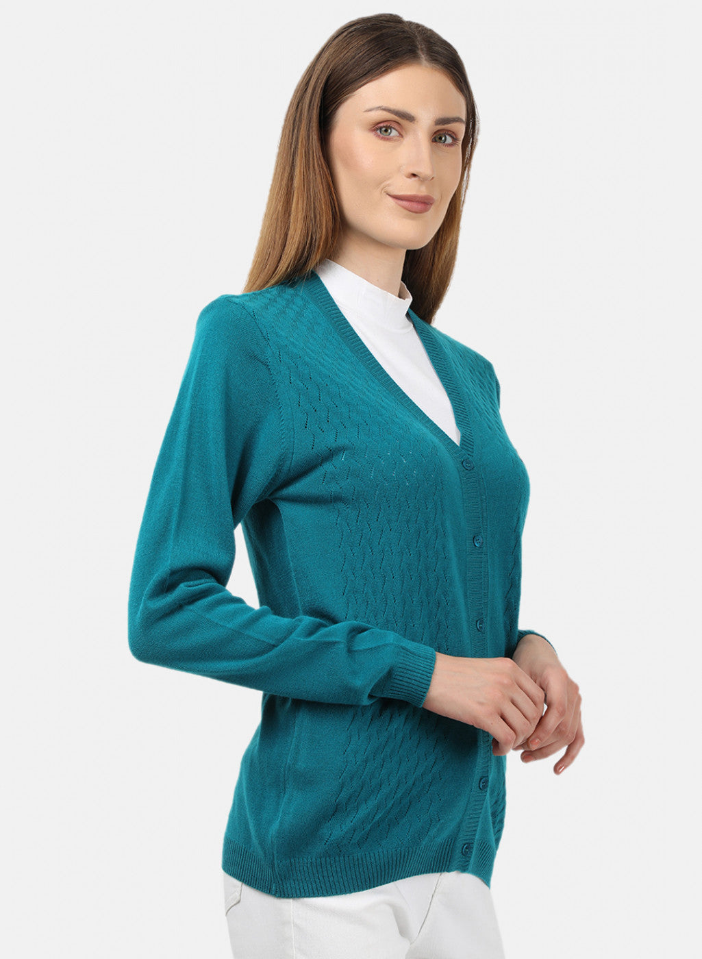 Women Blue Self Design Cardigan
