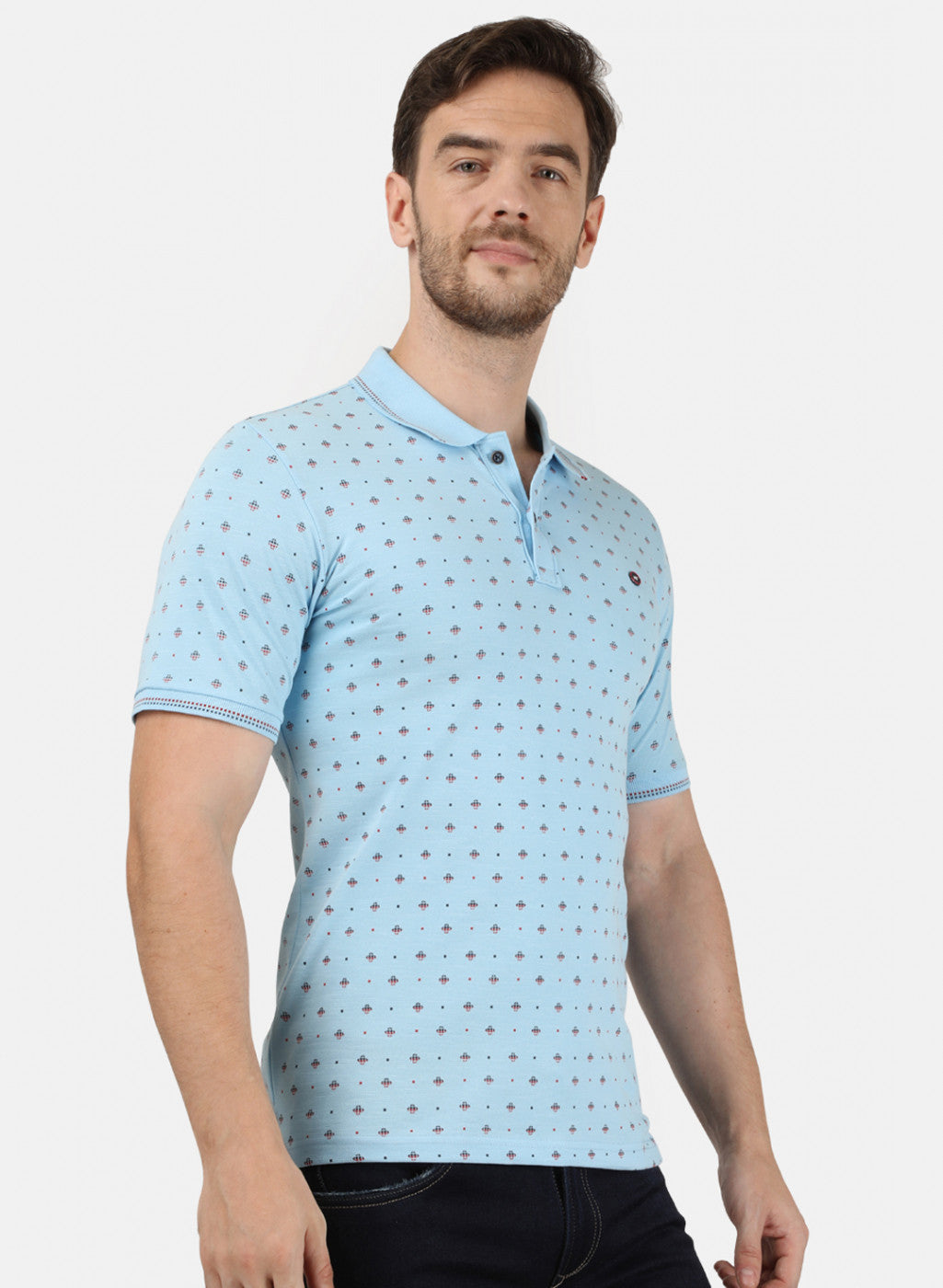 Mens Sky Blue Printed Collar T-Shirts