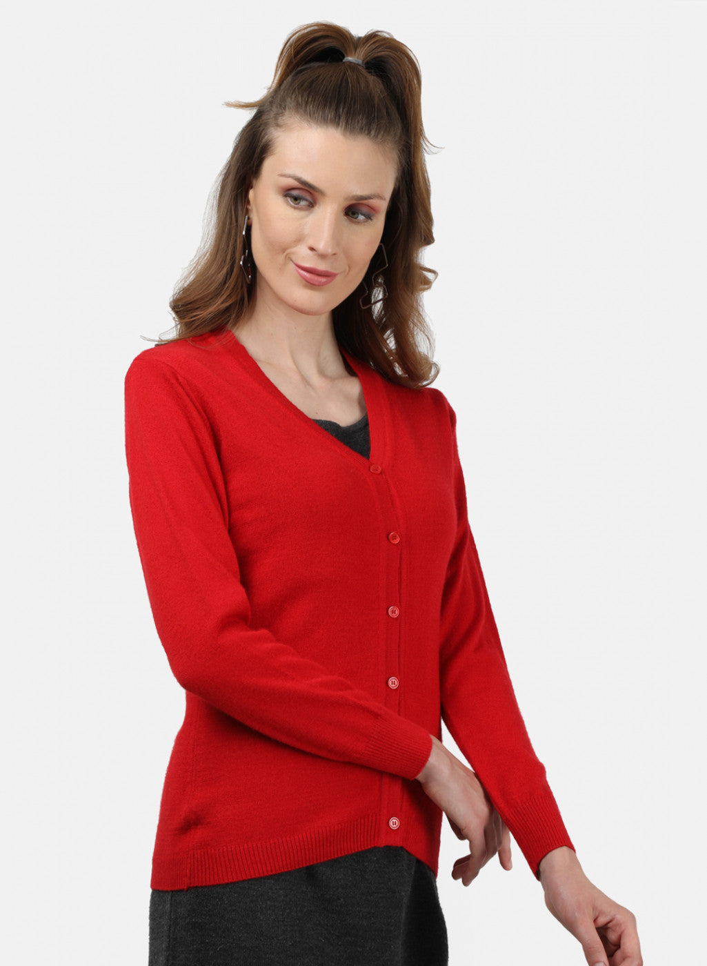 Women Red Solid Cardigan