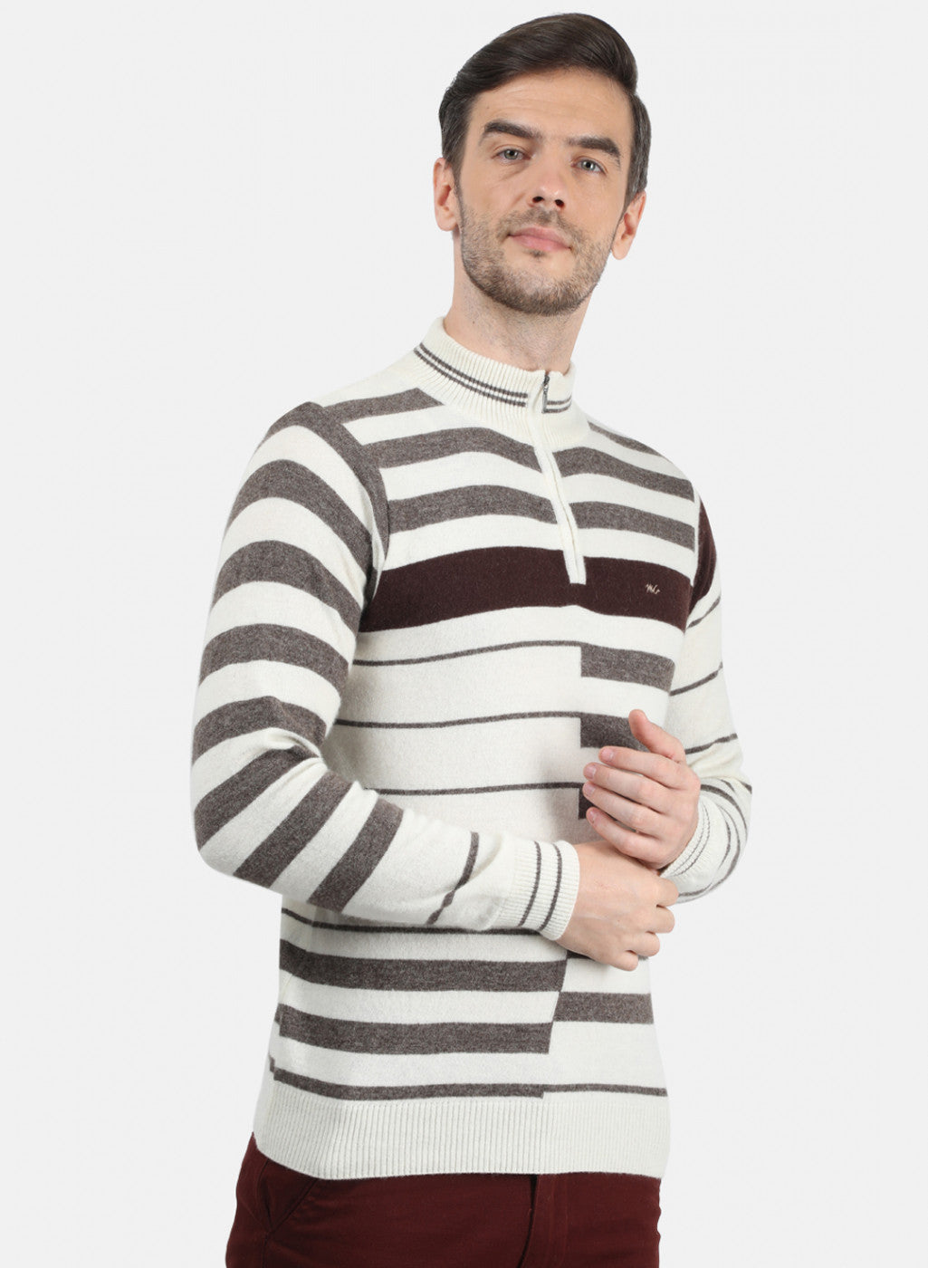 Men Off White & Brown Solid Pullover