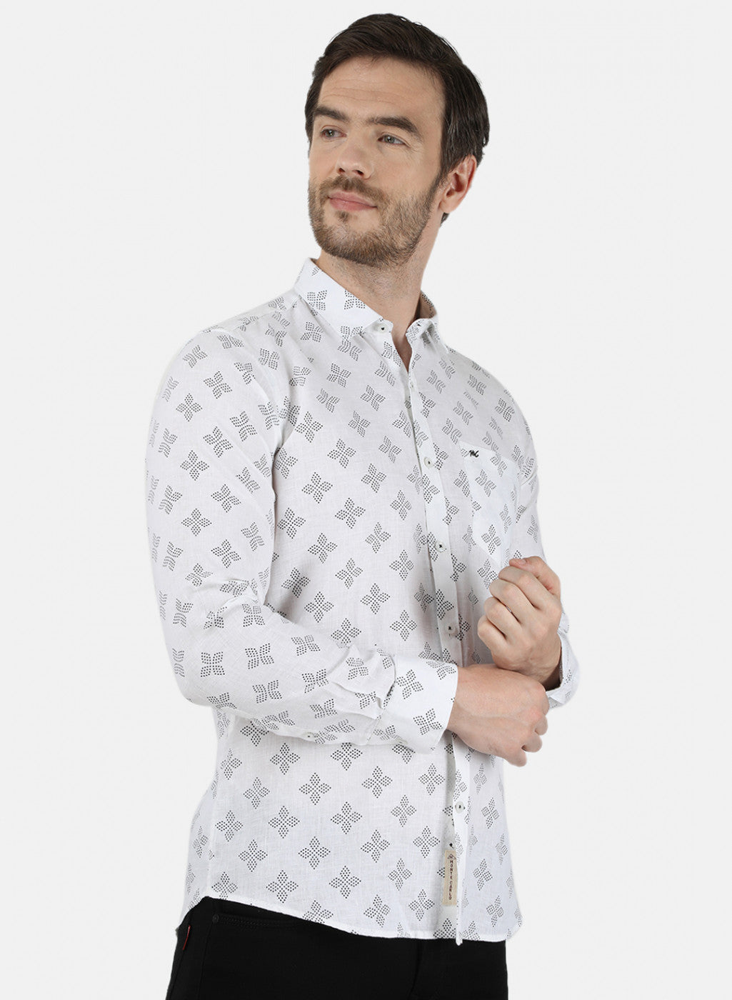 Mens White Printed Linen Shirt