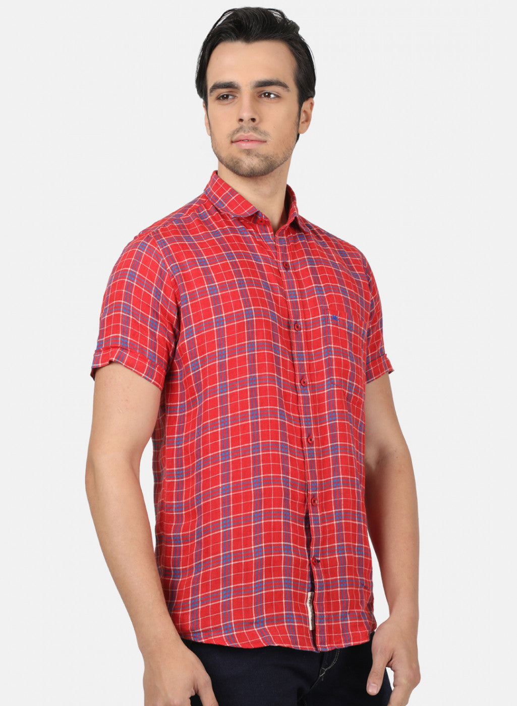 Men Red Check Linen Shirt