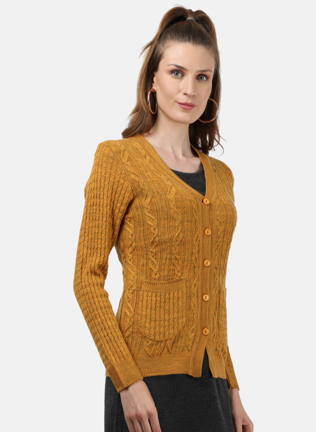 Women Yellow Self Cardigan