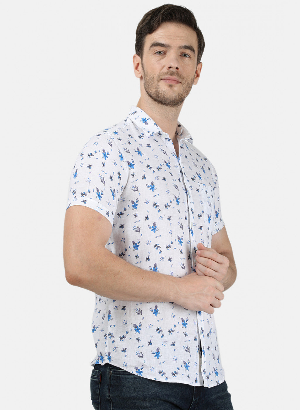 Mens Blue Printed Linen Shirt