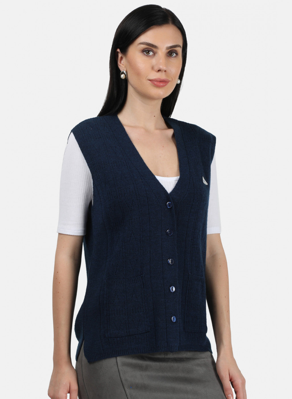 Women Navy Blue Self Design Cardigan
