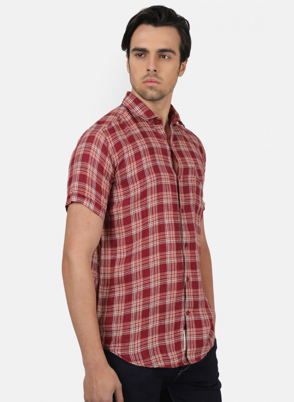 Men Maroon Check Linen Shirt