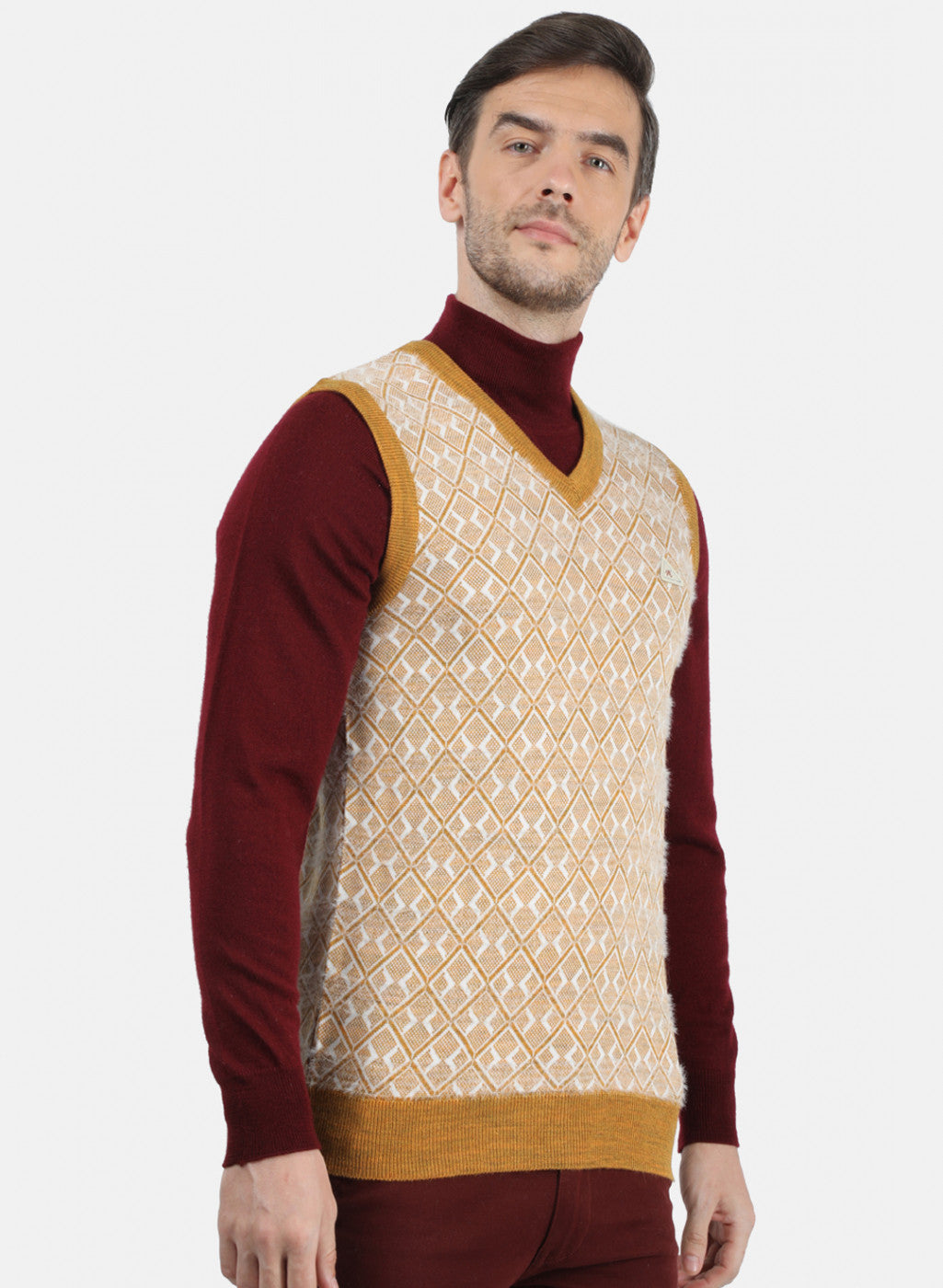 Men Mustard & White Solid Sweater