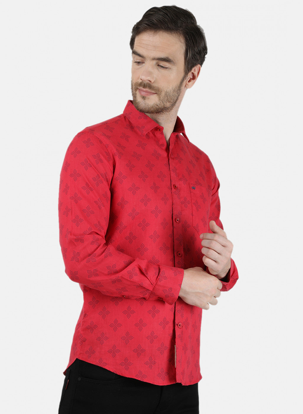 Mens Maroon Printed Linen Shirt