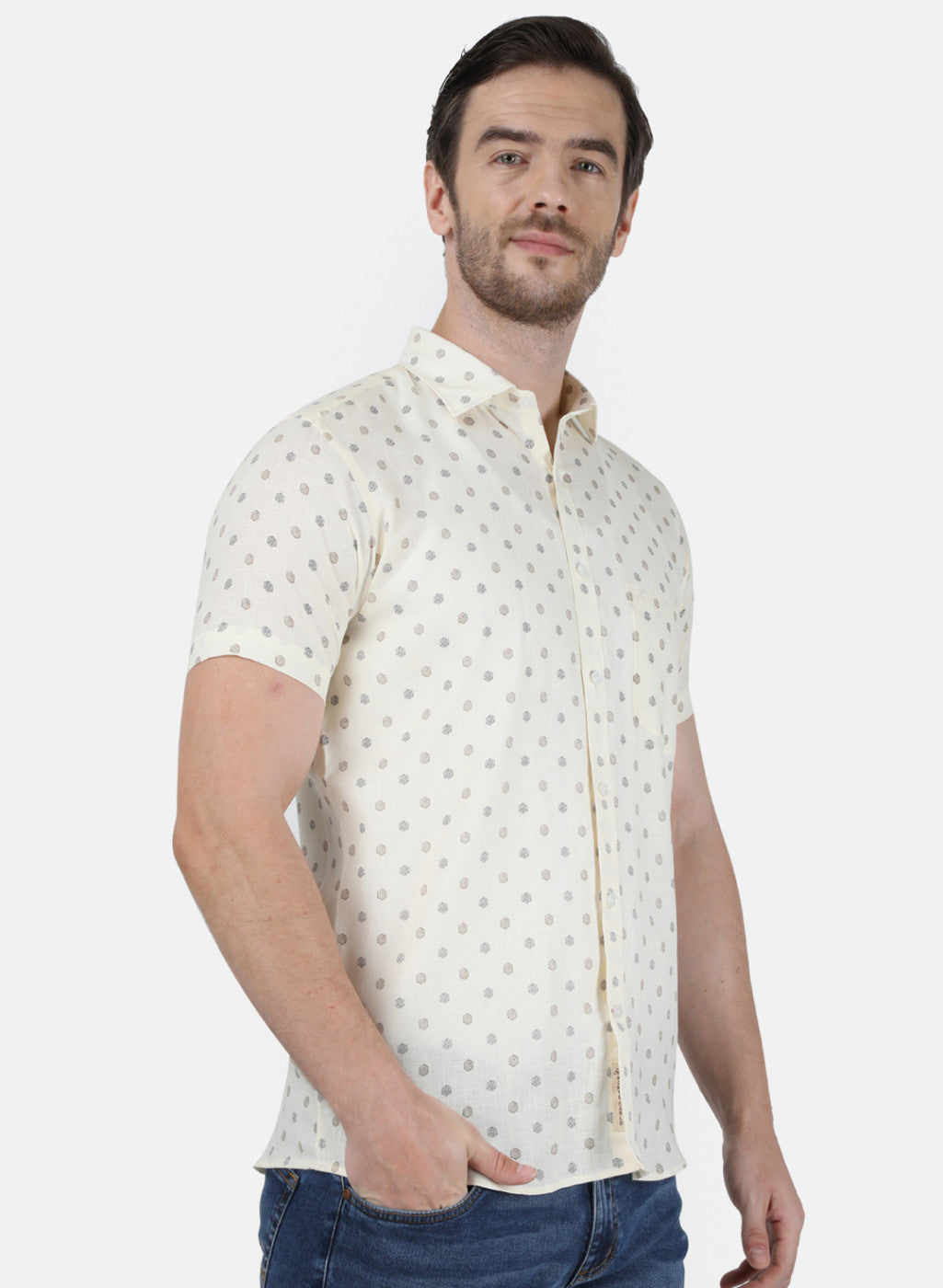 Mens Off White Printed Linen Shirt
