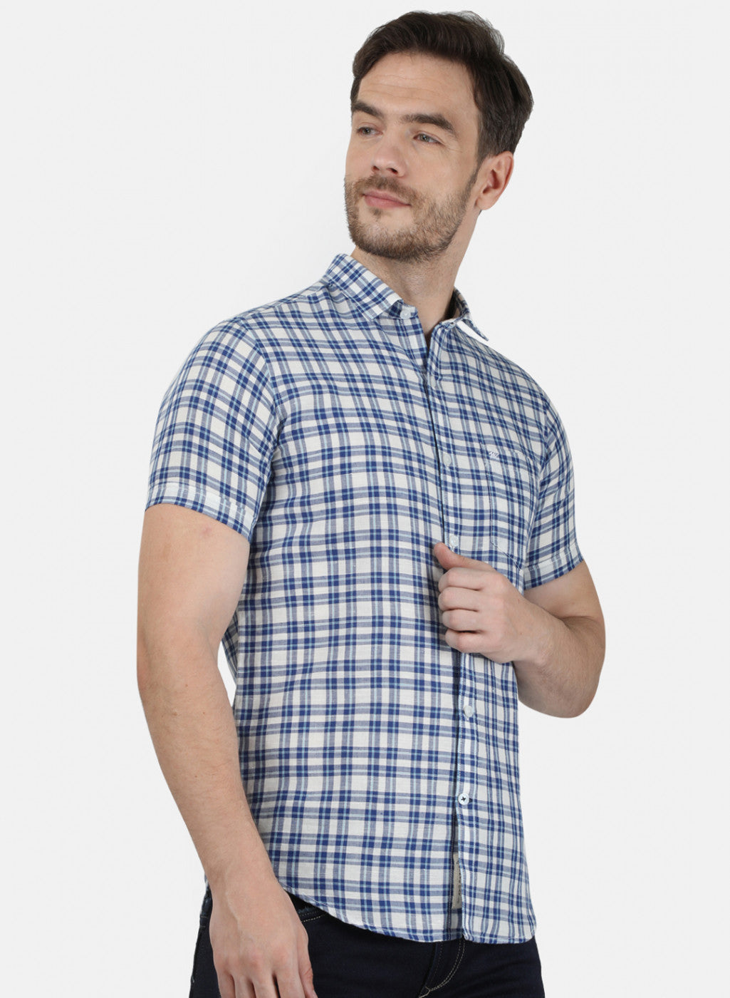 Mens Blue Check Linen Shirt