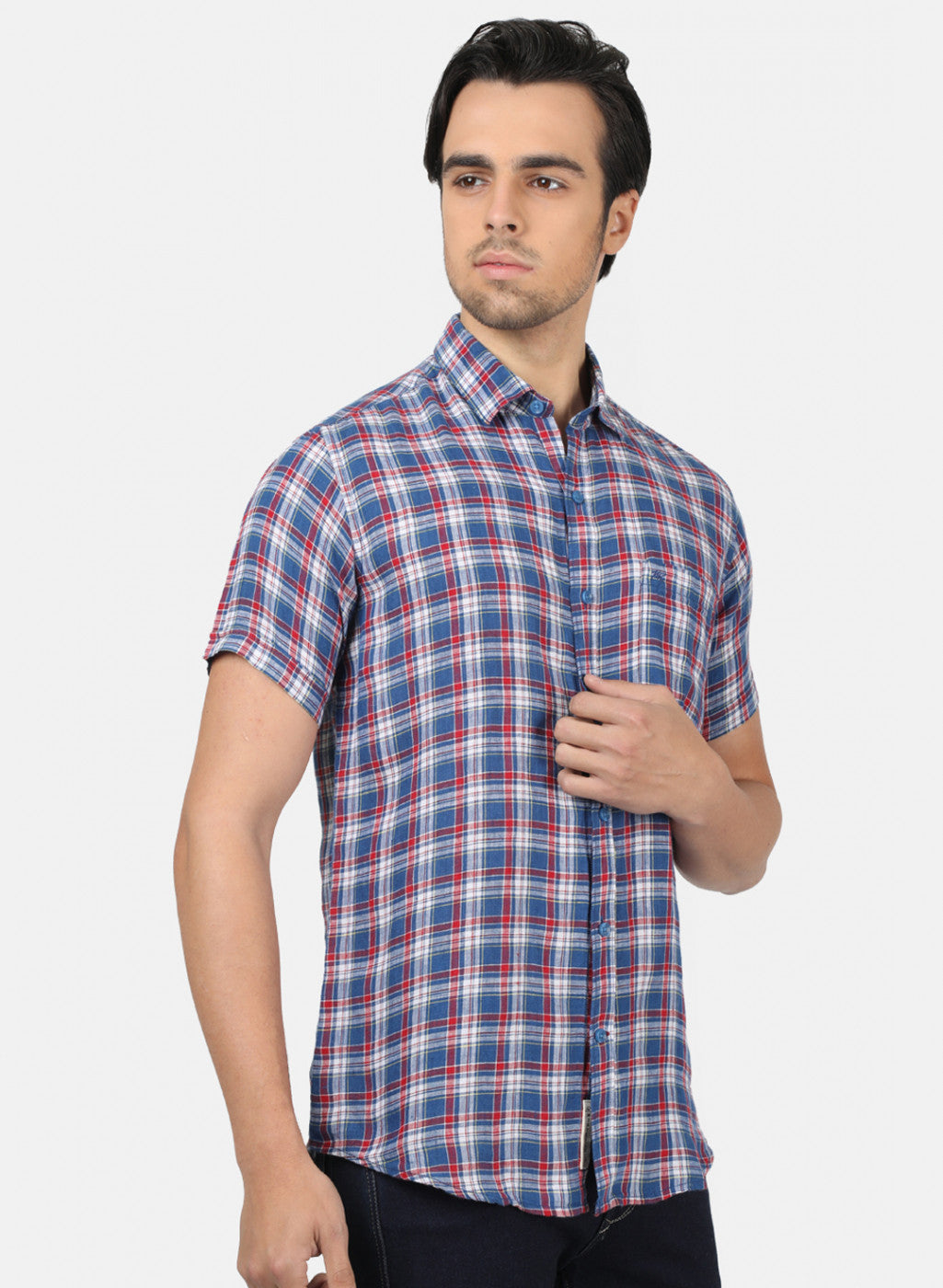 Men Blue Check Linen Shirt