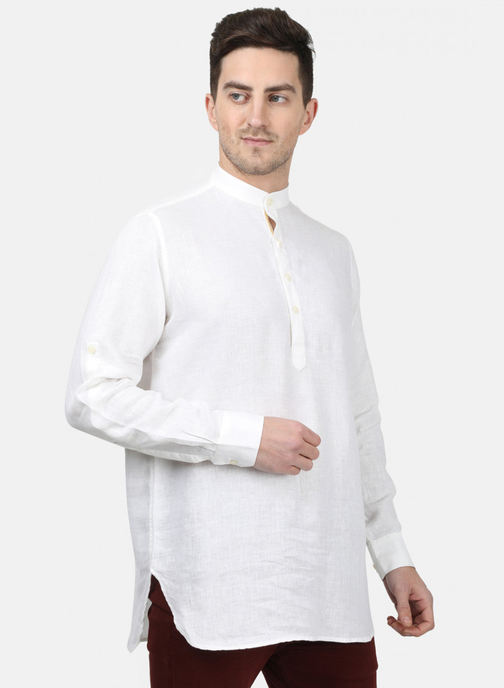 Mens White Solid Linen Shirt