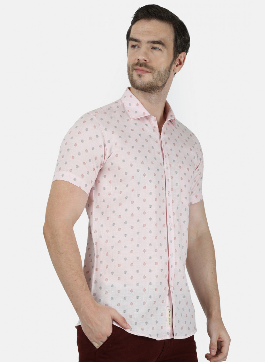 Mens Peach Printed Linen Shirt