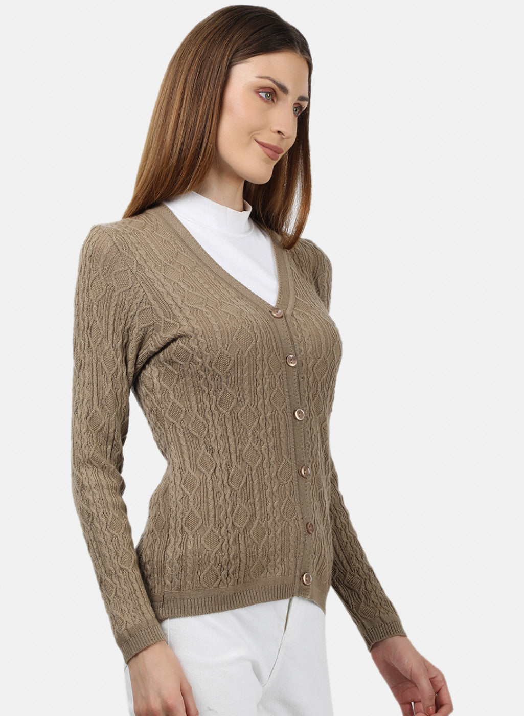 Women Brown Self Design Cardigan