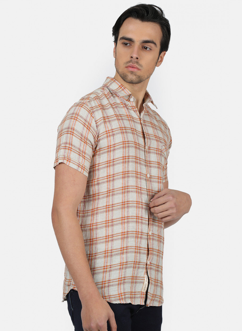 Men Beige Check Linen Shirt